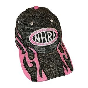Championship NHRA Drag Racing Hat Cap Gray Pink Glitter Flames Hook & Loop